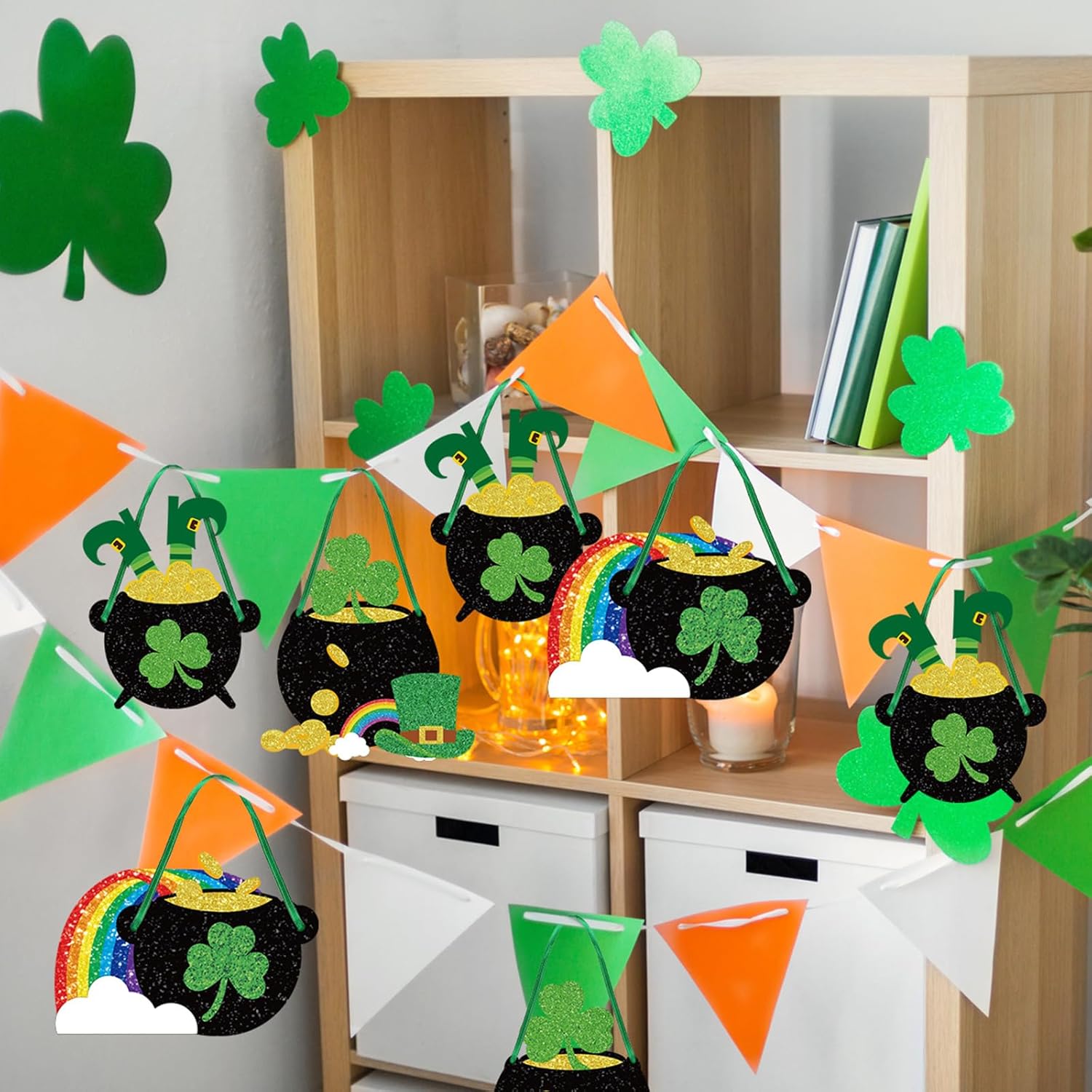 Nuanchu 36 Sets St. Patrick Day Craft Kits DIY Gold Pot Shamrock Coin Hats Rainbow Stickers Hanging St. Patrick Day Decorations for Irish Activity Luck Gift Art