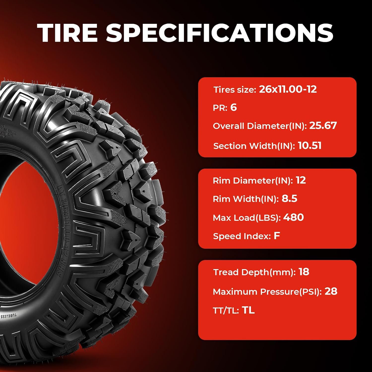ATV/UTV Tires 26x11-12,All-Terrain Mud Tires 26x11x12,6-Ply,Non-Directional Tread,Tubeless,Set of 2
