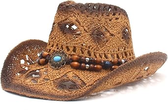 Felcia Men's Women's Straw Cowboy Hat Woven Sunscreen Cap Western Cowboy Hat Two Decorative Bands