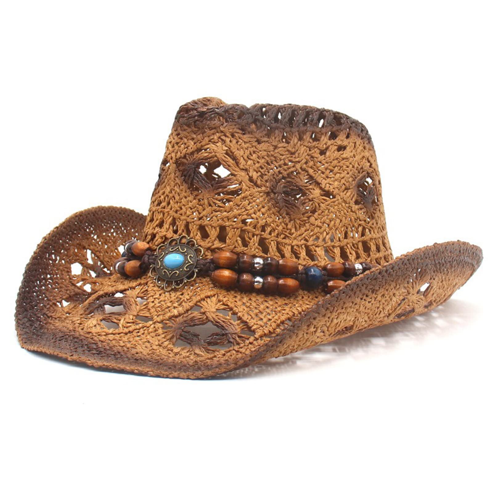 LYSINK Cappello di paglia da spiaggia da uomo estivo a tesa larga alta cave fuori paglia cappelli da cowboy vacanza cappello da sole casual