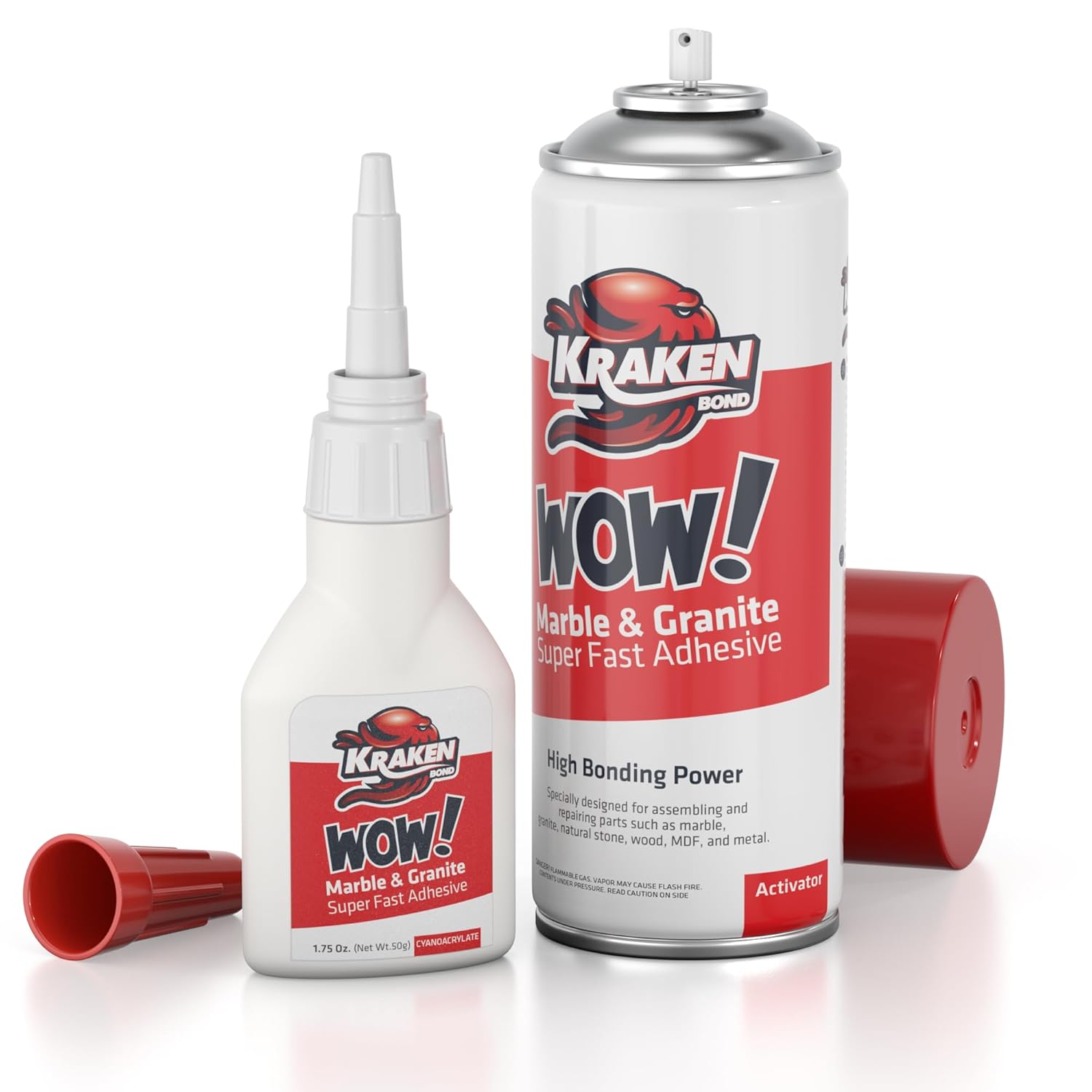 Kraken Bond Wow Marble & Granite CA Glue with Activator - (2x6.75 fl.oz) CA Glue Activator, (2x1.75 oz) CA Glue for Stone, Marble, Ceramic and Metal, Strong Super Glue with Accelerator, 2 Pack