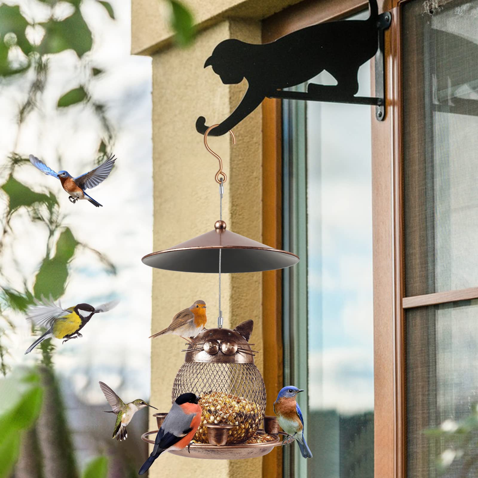 LBTING Bird Feeder for Outside, Squirrel Proof Metal Wild Bird Feeder Decoration for Hanging Outside Garden Yard, Cute Cat-Shaped