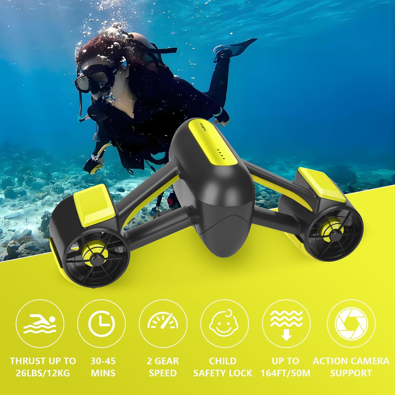 SEAEDISON Underwater Scooter, Water Scooter for Adults/Kids with Dual Motors, 2 Gear Speed Switch, 164ft Depth with Camera Compatible, Sea Scooter for Scuba Diving Snorkeling Water Sports