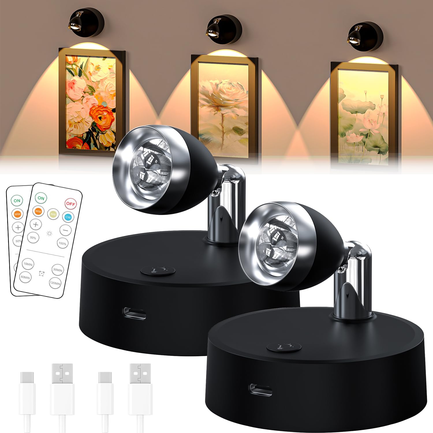 Faretti a LED a batteria, senza fili, per interni, con telecomando, timer, 3 opzioni di colore per esposizione artistica, mini luci per quadri e statue, confezione da 2