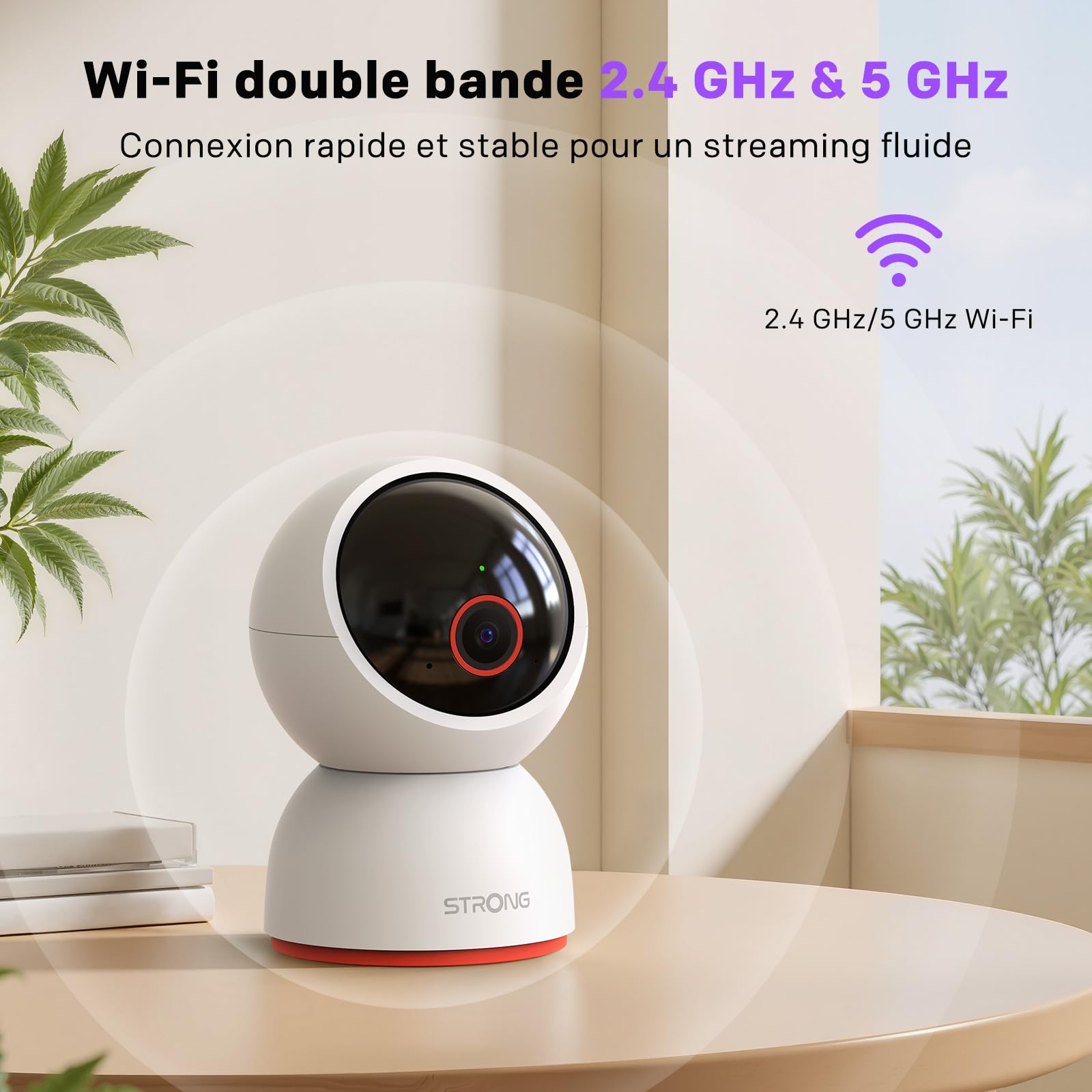STRONG - Caméra de sécurité intérieure Smart Home 8MP, 4K, Vue panoramique 360, Alerte Mouvement, Compatible Wi-FI, Application de contrôle, Montage sur Table