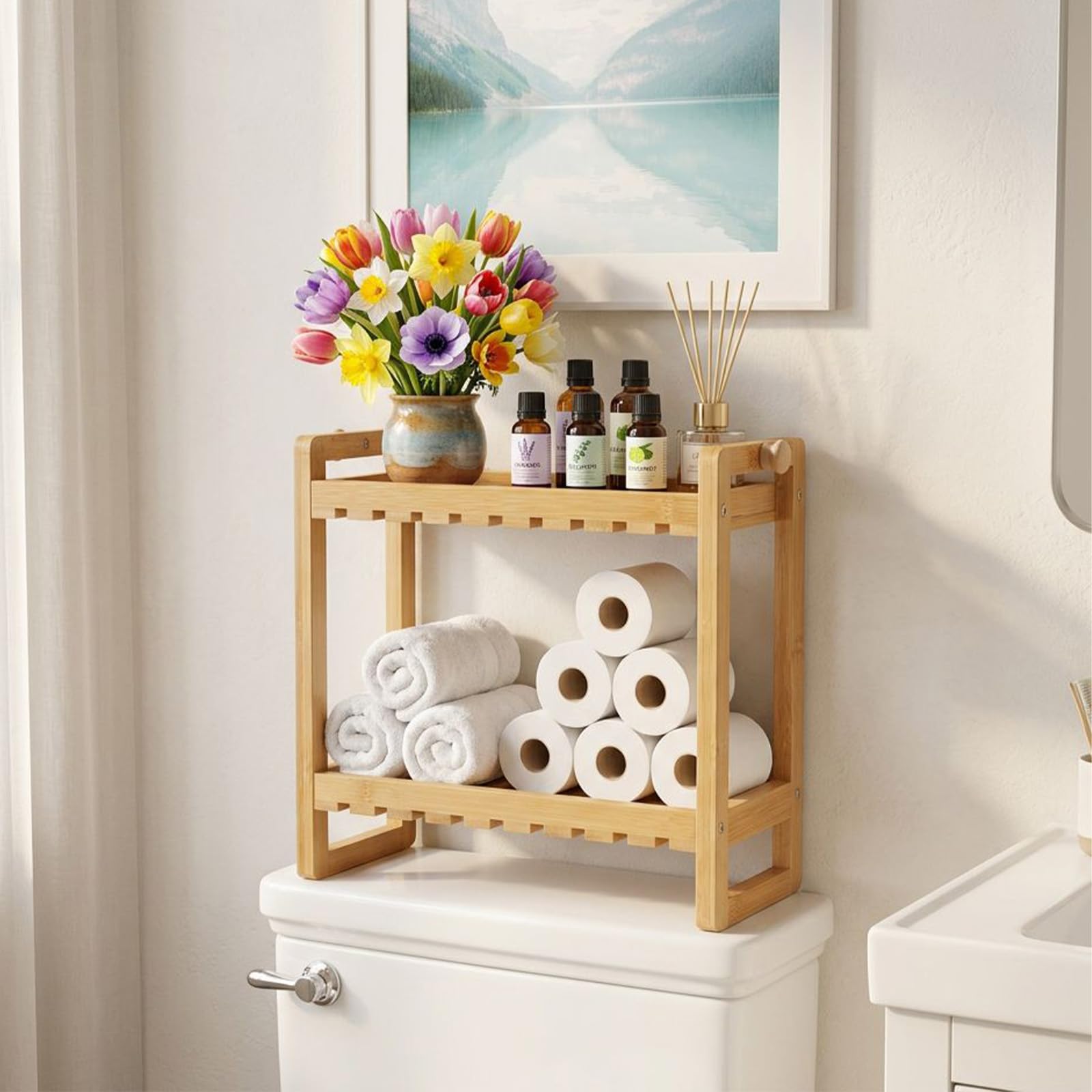 powerking Bamboo Over-the-Toilet Storage Shelf, 2-Tier Bathroom Organizers and Space-Saving Over Toilet Bathroom Shelf (Natürlich)