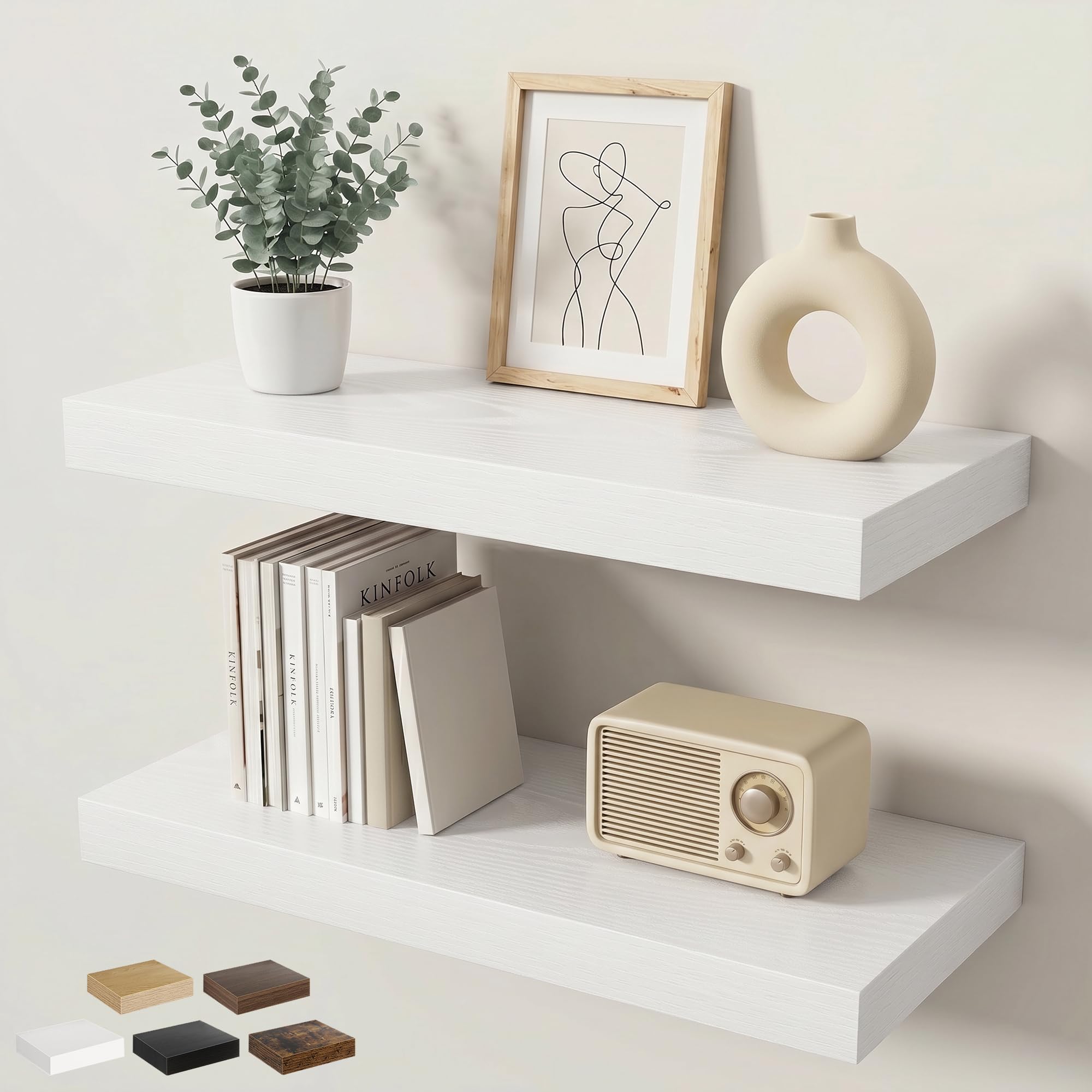 KovaScape 60cm Floating Shelves for Wall, 23.5cm Deep Wall Mounted Shelf with Invisible Brackets, Engineered Wood Rustic Shelf for Living Room Bathroom Bedroom Kitchen Storage, White, Set of 2