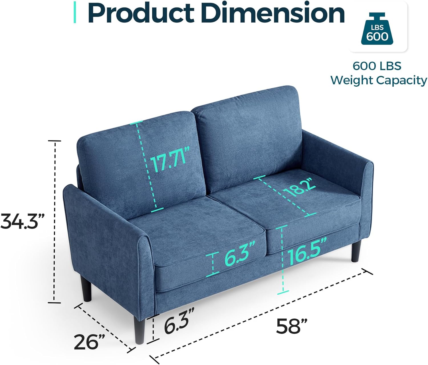 Linsy 58" Blue Fabric Loveseat Sofa with Solid Wood Frame