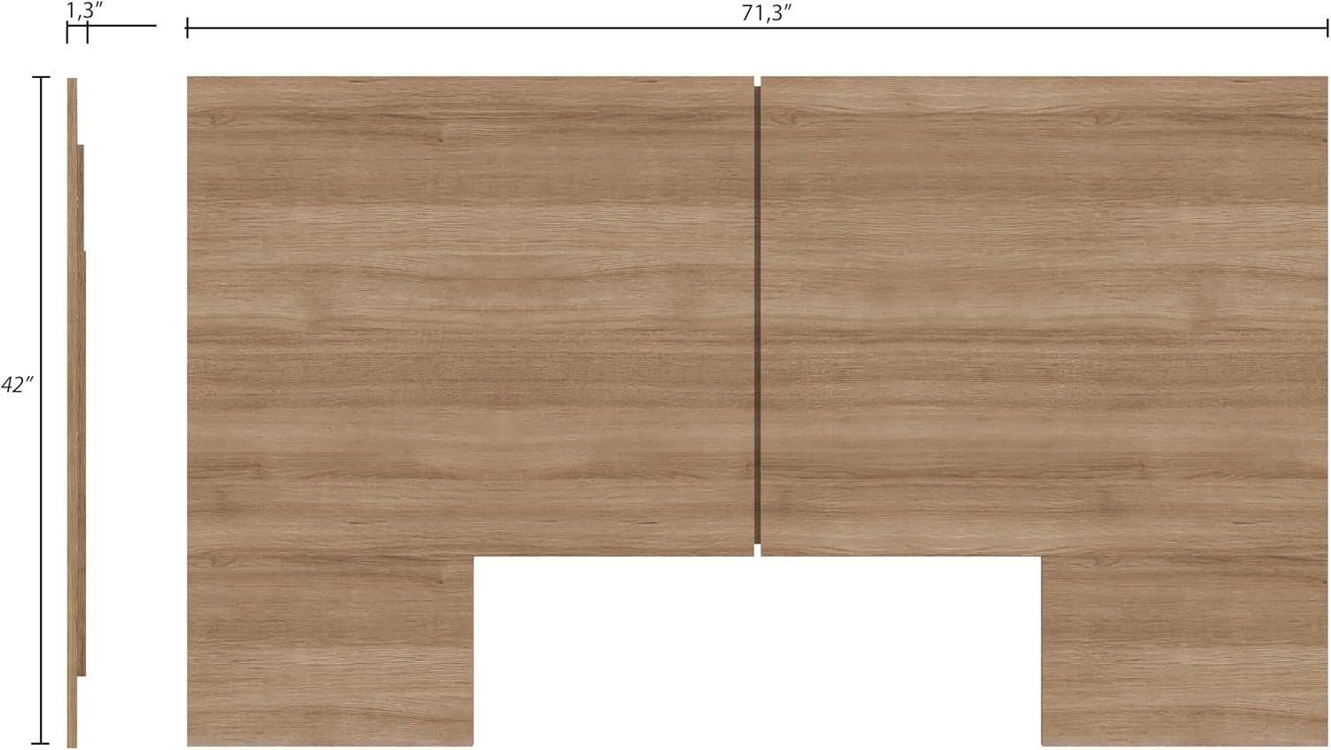 Technical drawing showing the dimensions of the Nexera James Headboard: 71.3 inches wide, 42 inches high, and 1.3 inches deep