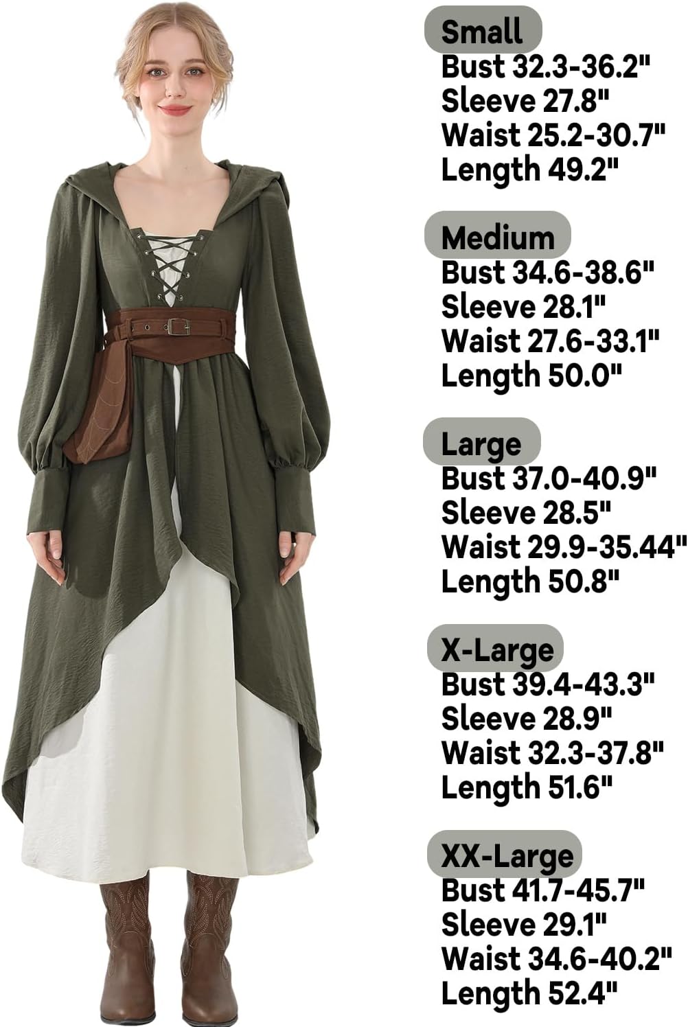 FCCAM Medieval Dress for Women Green Hooded Ren Faire Peasant Dresses Renaissance Costume with Belt Pouch