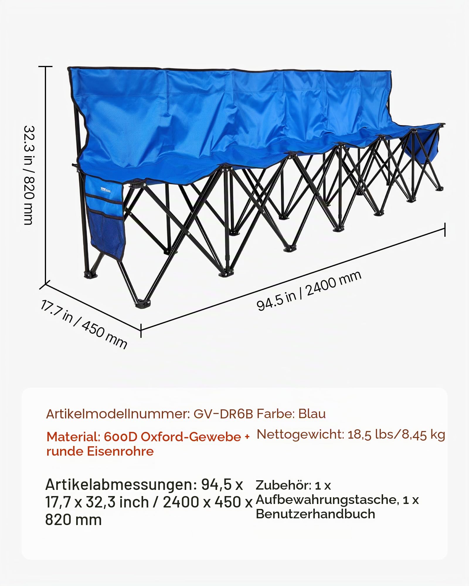 VEVOR tragbare Mannschaftsbank Sitzbank Campingbank (4 Personen) mit Seitentaschen & Tragetasche, Klappbank mit Rückenlehne, Seitenbank Seitensitzbank für Fußball Baseball Outdoor Blau