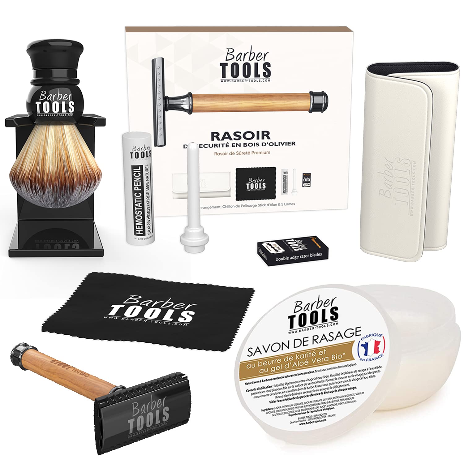Kit de Rasage Rasoir de Sécurité + 5 Lames + Blaireau + Savon 150ml + Pierre d'Alun BARBER TOOLS