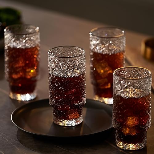 Miniatura 4 de Juego de vasos de vidrio acanalado de 6 vasos altos de 10 onzas, fáciles de almacenar, vasos de café, vasos de café, juego de cristalería apilable