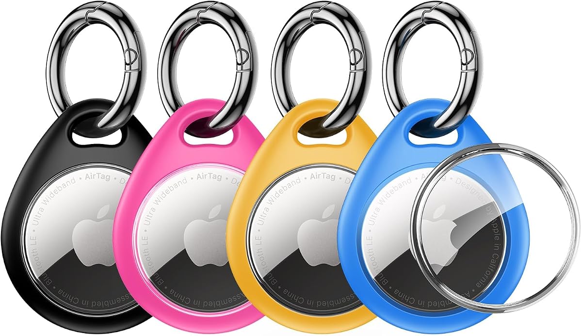 UNBREAKcable AirTag Holder for Apple - 4 Pack Air Tag Case [Fit Tightly Design] [Easy to Install] [Hold Securely] Waterproof TPU Protective Cover with Metal Keychain for Kids,Pet,Luggage,Backpack,Keys