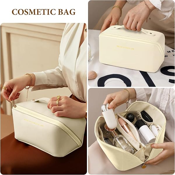 Aucuu Grande Trousse de Maquillage Voyage avec Poignée, Étanche Portable Trousse de Rangement Toilette Femme, Sac à Cosmétiques en Cuir PU Pochette - 5