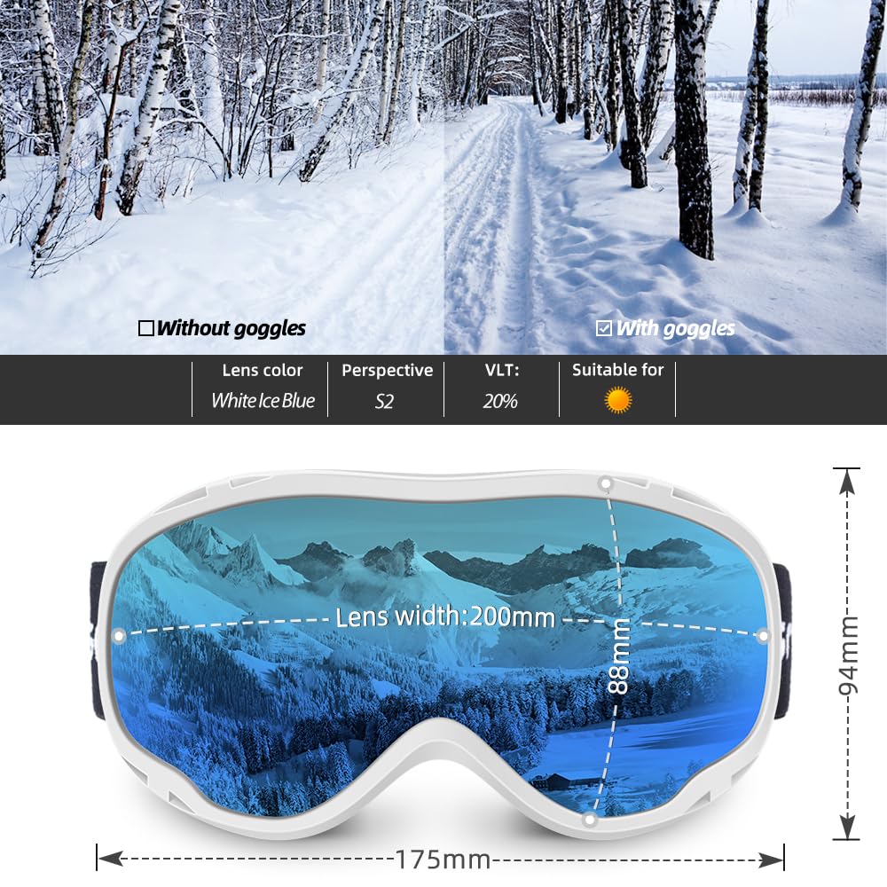Occhiali da sci sopra gli occhiali, occhiali da sci, snowboard, motoslitta, per uomini e donne, adulti, anti appannamento, 100% protezione UV
