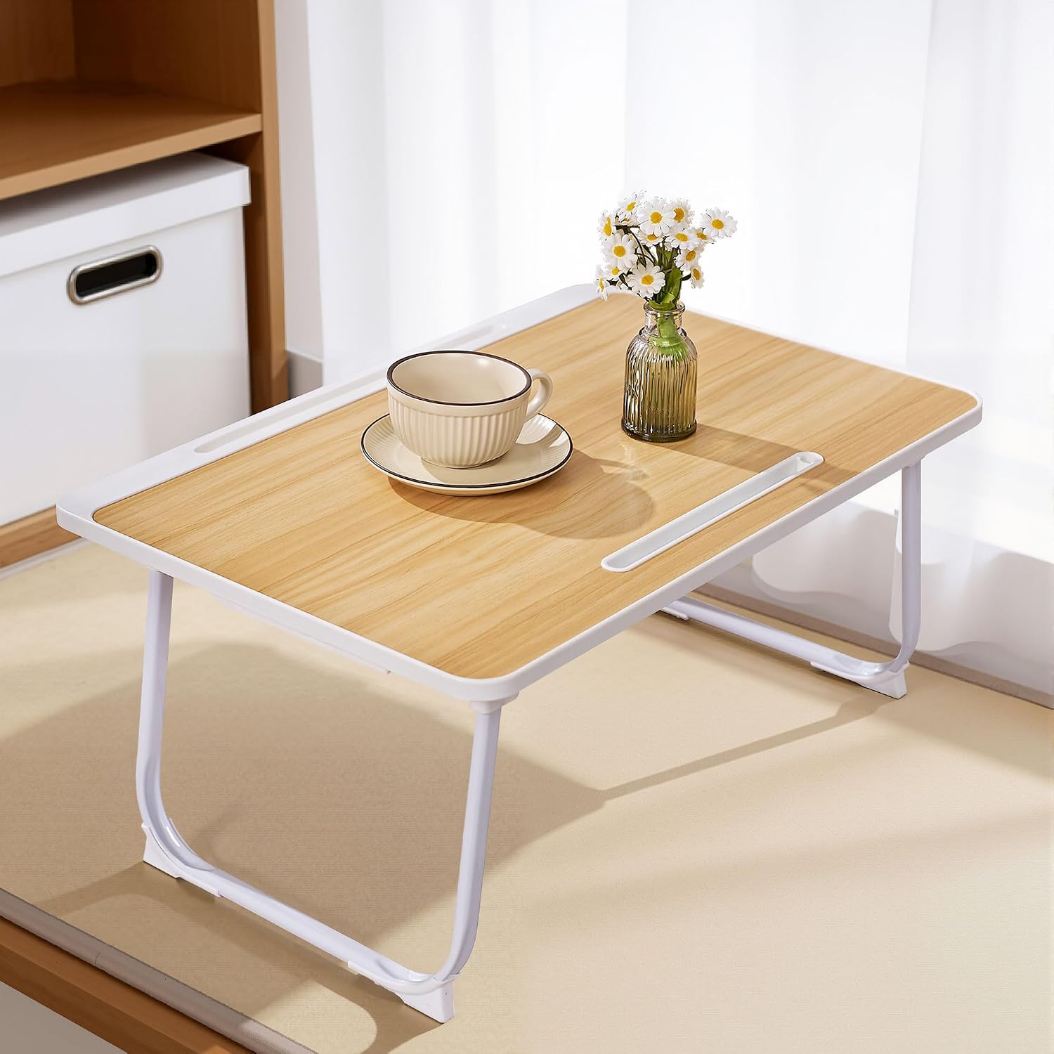 VECELO Folding Table, Mini Table, Low Table, Desk, Living Alone, Small, Chabute, Bed Desk, Lightweight, Space Saving, Multifunctional, Laptop, Tablet Stand, Cup Holder, Convenient Storage, for Work