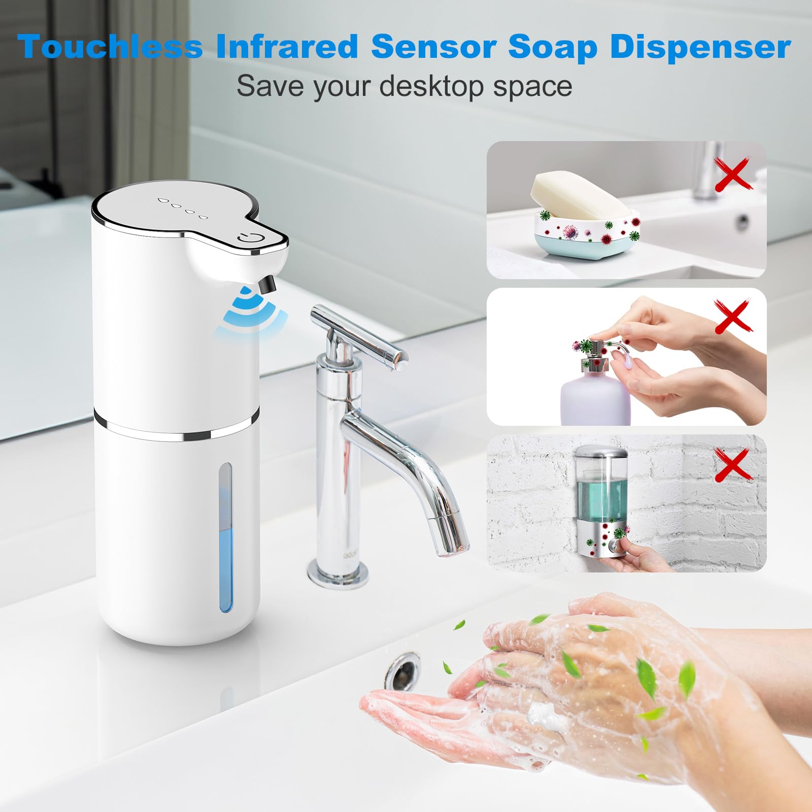 1200mAh Dispenser Sapone Automatico con Sensore,4 Livelli di Marcia Dispenser Automatico Sapone,Ricaricabile Tramite USB, IPX5 per Bagni,Cucine,Scuole