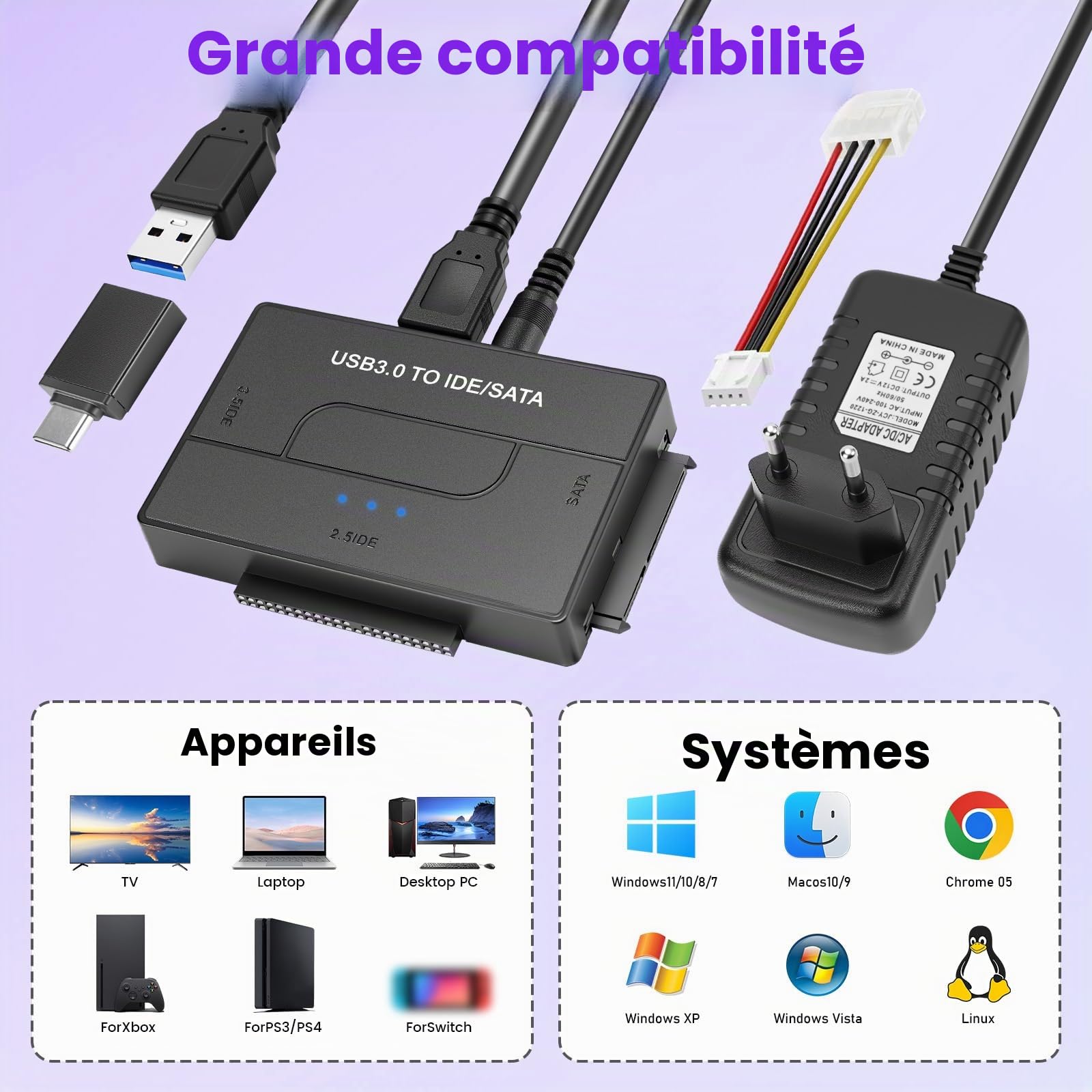 5Gbps IDE Adaptateur Disque Dur USB 3.0 pour 2.5"/ 3.5" HDD/SSD, Convertisseur SATA et IDEAdaptateur de Disque Dur IDE/SATA pour Windows avec Câble USB/Alimentation 12V 2A/SATACâble