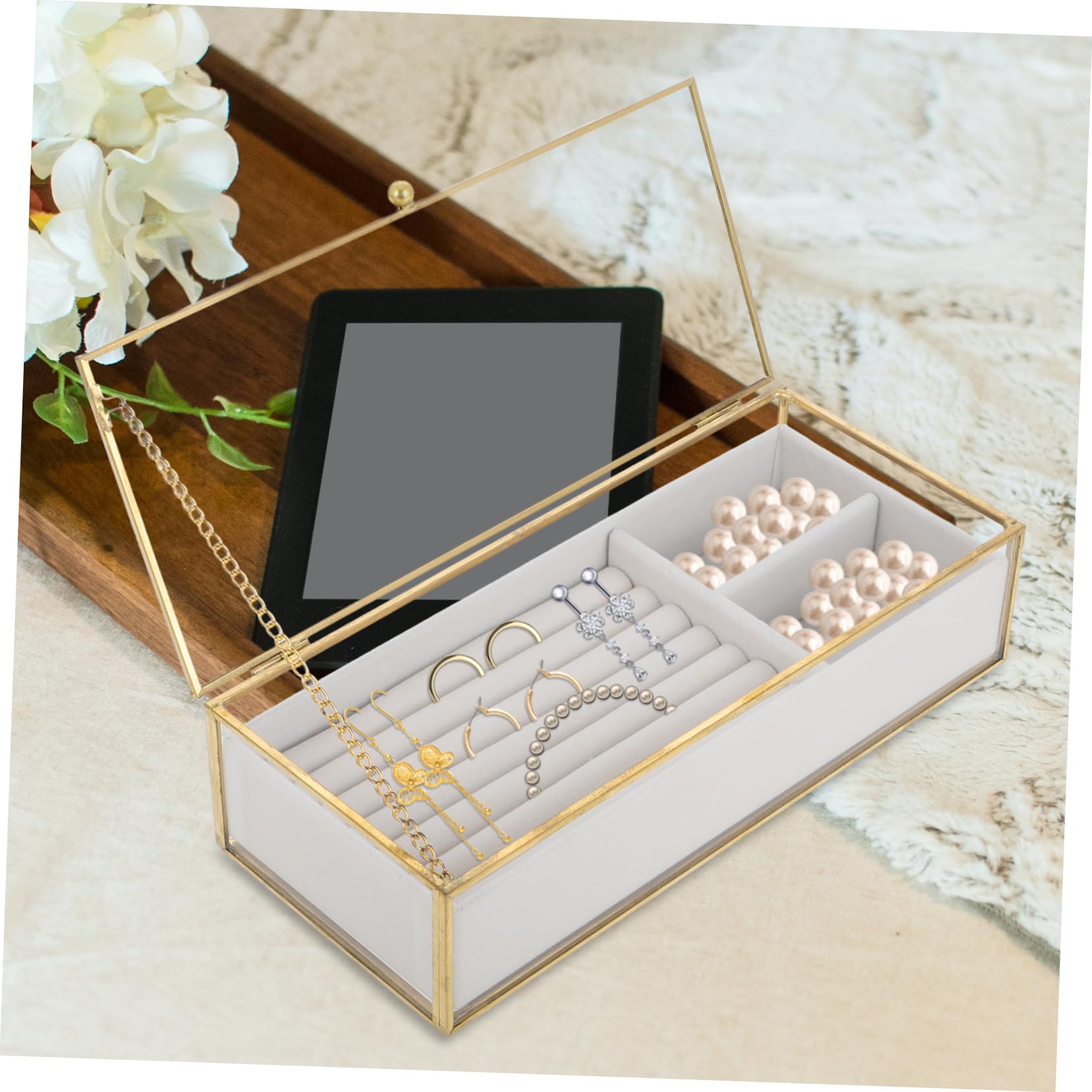 FRCOLOR Schmuckorganizer aus Glas mit Deckel Ohrring-aufbewahrungsbox Ringbox und Halsketten-schmuckschatulle für Damen Ästhetische Schmuckschatulle mit Fächern für Effiziente