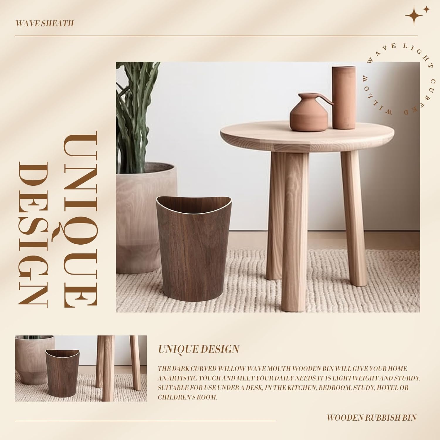 2 Pack 2.3 Gallons Wood Trash Can Wastebasket Natural Wood Round Wastebasket Small Trash Bin for Home, Office Under Desk, Kitchen, Bedroom, Den, Hotel, Room (Dark Wood,Wavy)
