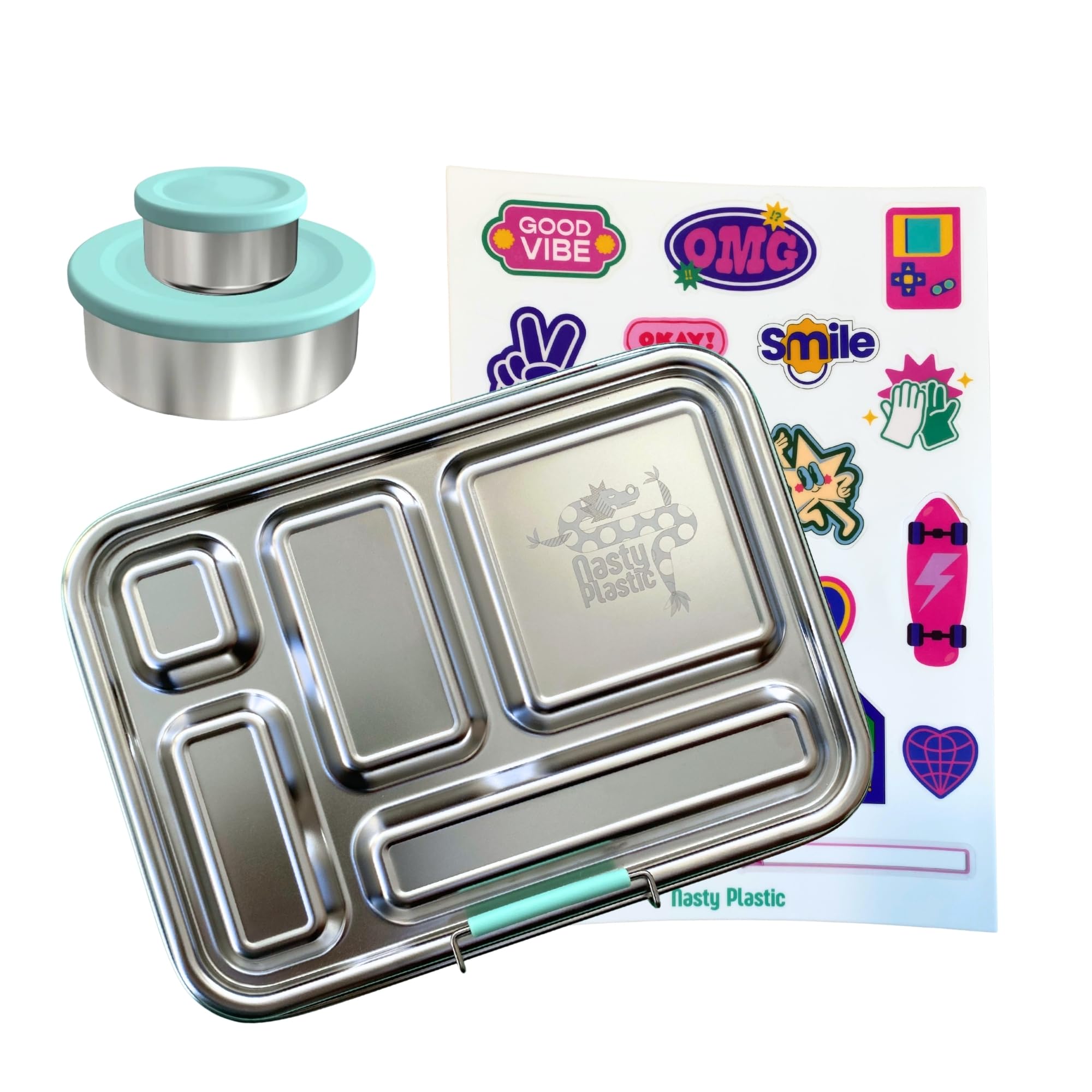 Pack Completo Fiambrera Infantil de Acero Inoxidable Antifugas con 5 Compartimentos + 2 Botes herméticos para poner yogur/hummus + Pegatinas Reutilizables. SIN BPA. CERO PLASTICOS