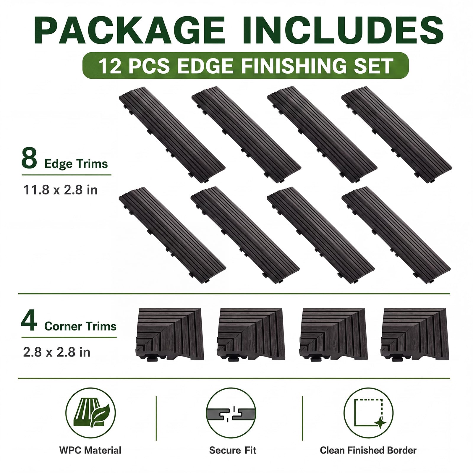 Ripeng Juego de 12 azulejos de madera negra, 8 piezas de borde recto, 4 bordes de esquina, compatibles con azulejos entrelazados de 12 pulgadas, borde de teca, fácil de instalar para pisos, azulejos