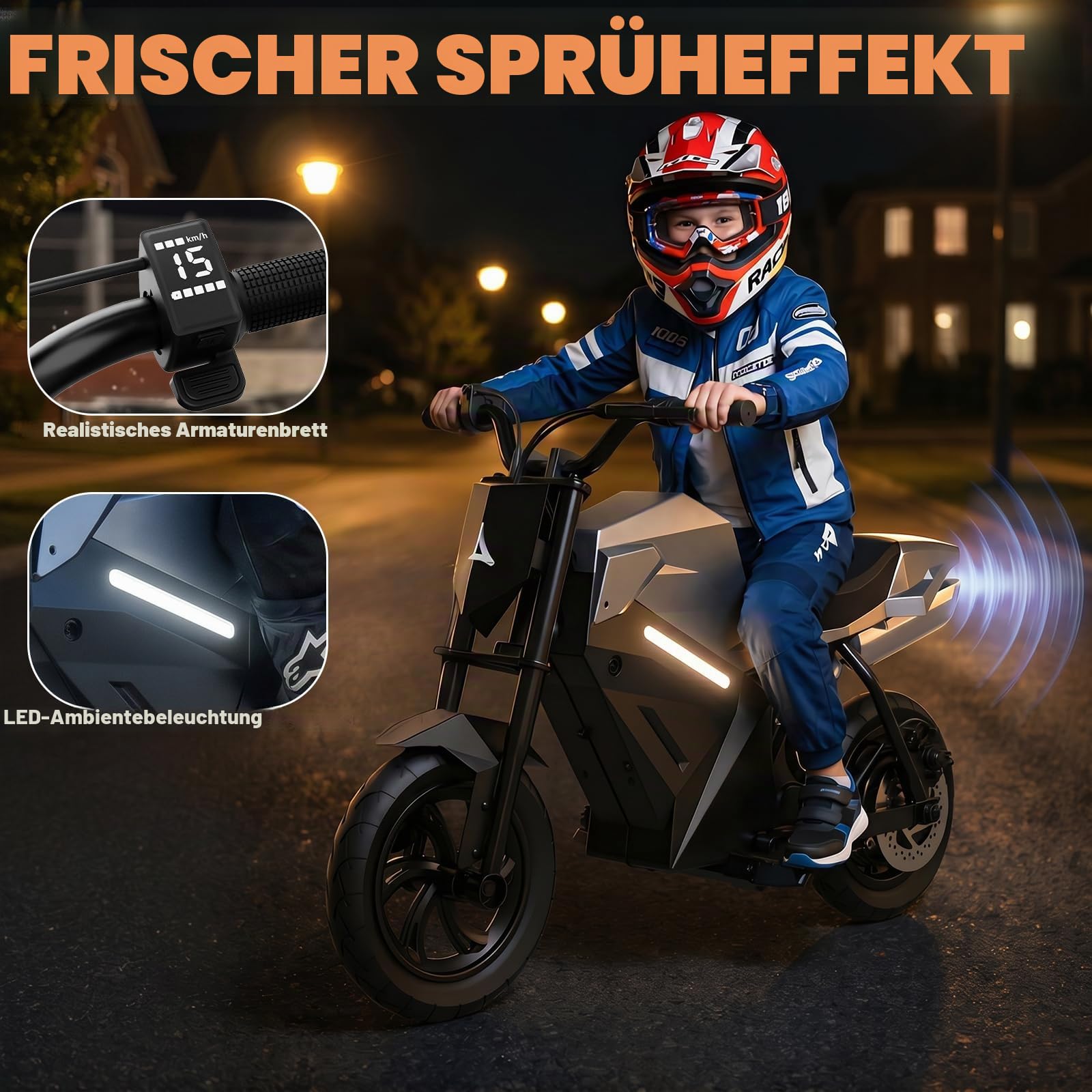 Elektrisches Motorrad für Kinder, 350 W, Elektromotorrad mit 3 Geschwindigkeitsstufen, aufblasbare Reifen 12,5 Zoll, Lithium-Akku 21,6 V, 4 Ah, Reichweite bis zu 16 km, für Kinder ab 6 Jahren