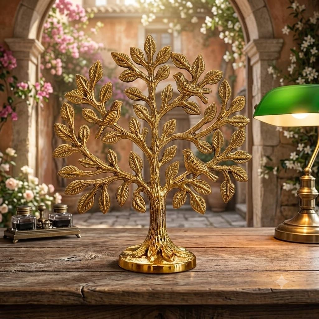 Antique Brass Tree of Life Showpiece with Birds | Golden Metal Kalpavriksha Tree Statue for Home Decor, Living Room, Office Desk & Gifting | Handcrafted Feng Shui Decorative Idol 5.9'' | Tree of Life / Kalpavriksha / Nature / Feng Shui-image-42