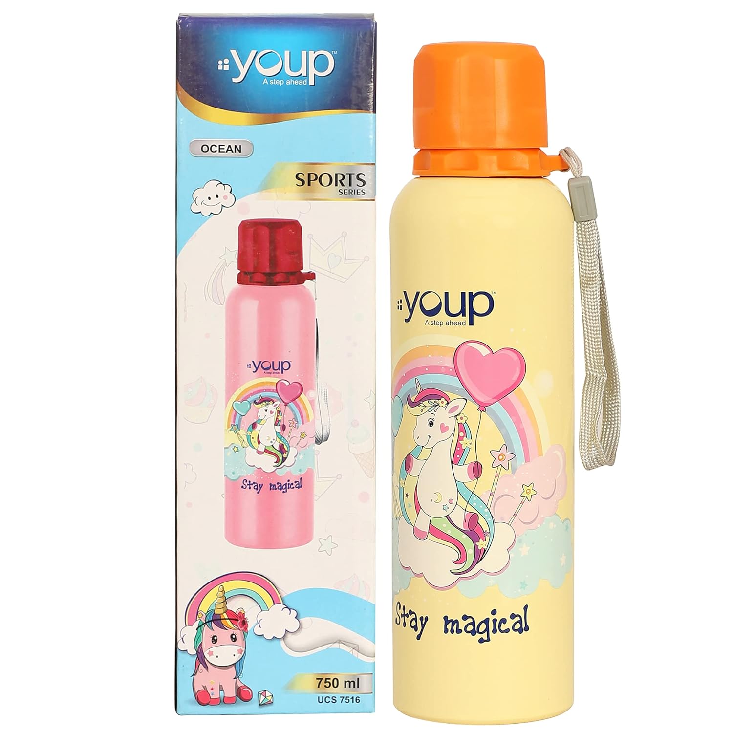 Youp Stainless Steel Orange Yellow Color Unicorn Kids Water Bottle