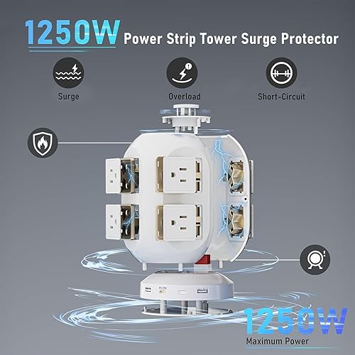 Miniatura 4 de Torre de regleta de alimentación con protector de sobretensiones, torre de alimentación con puertos USB con 8 tomas de corriente y 2 puertos USB, 2