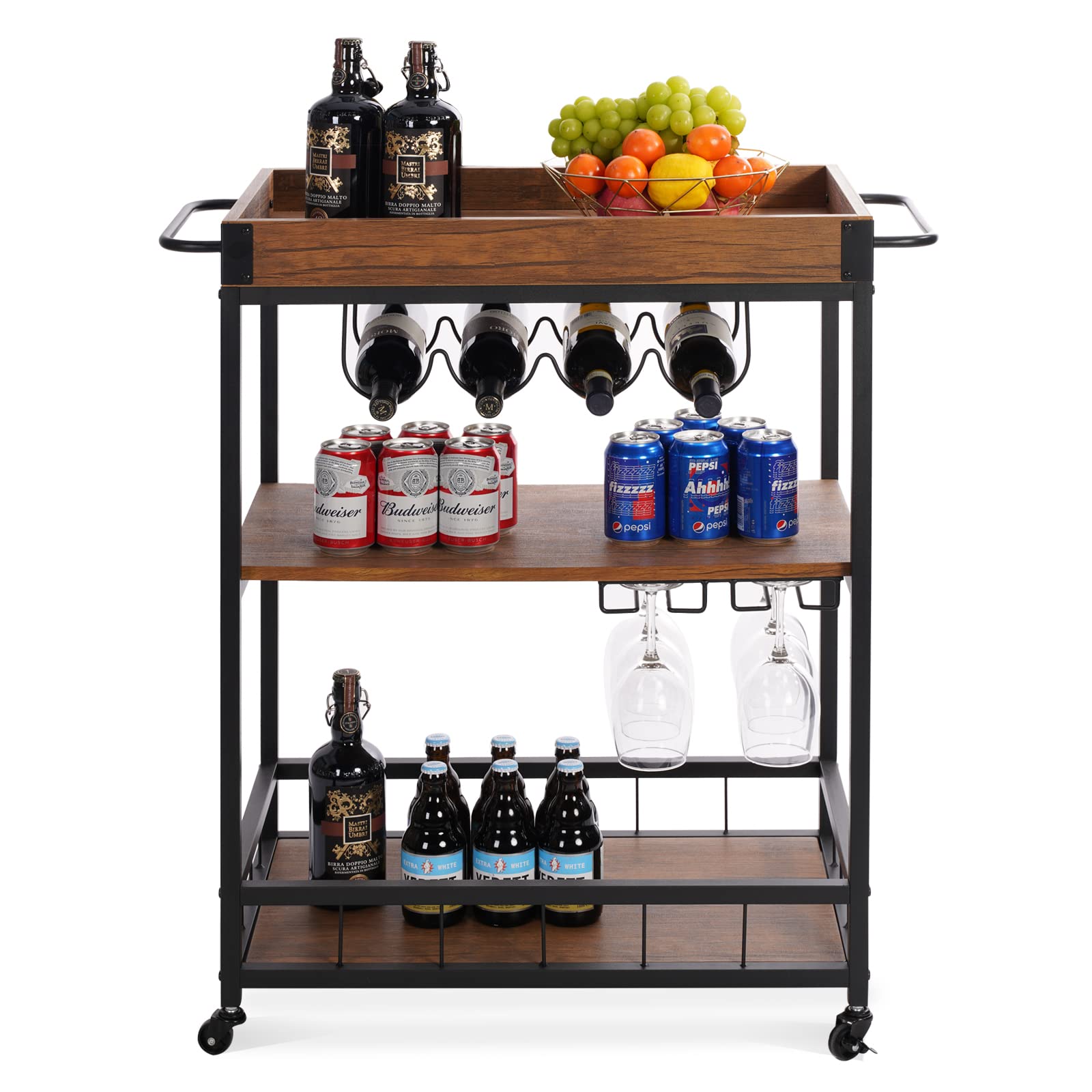 PACHIRA E-Commerce Bar Cart, Industrial Serving Cart 3 Tier Storage Trolley with Wine Rack Glasses Holder Kitchen Storage Cart for Home Wood and Metal Frame, Vintage Brown