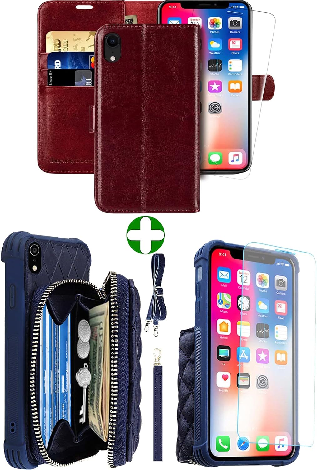 MONASAY Zipper Wallet Case for iPhone XR,[Glass Screen