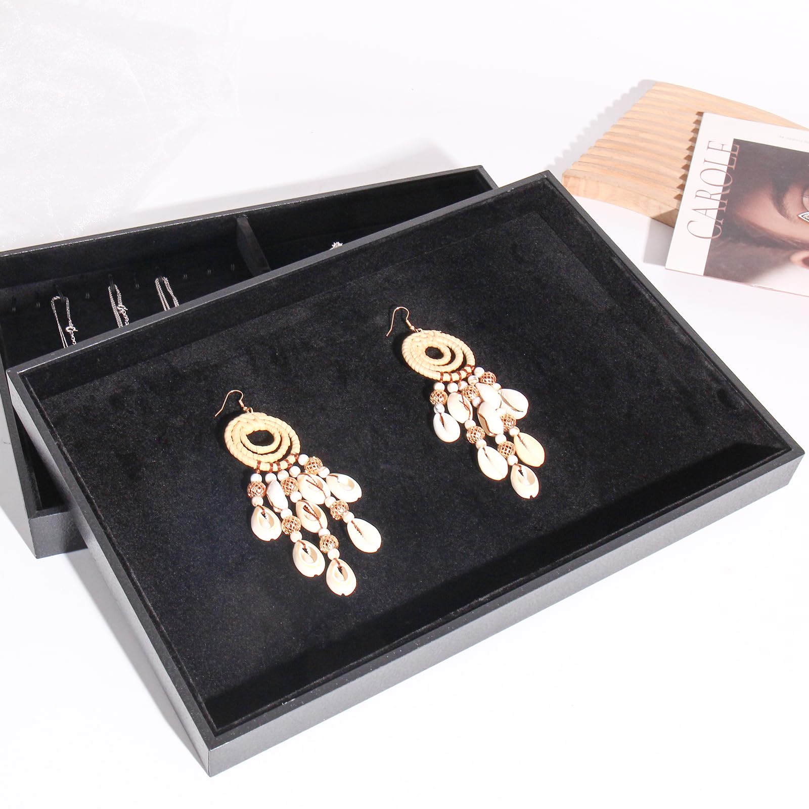 Organizador De Joyas BOCAR De Terciopelo Negro - Bandeja Para Collares, Pulseras, Pendientes Y Anillos, 35x24x3 Cm