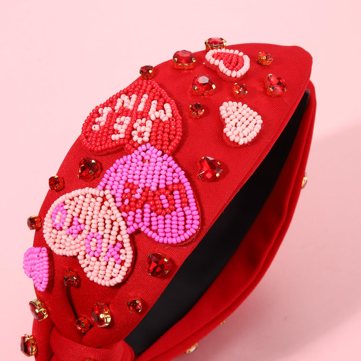 Valentine's Day Headbands for Women Rhinestone Beaded Heart Headband Pink Red Crystal Knotted Headband Valentine's Day Hair Accessories Party Decor Gifts (Beaded Heart A) - Image 8