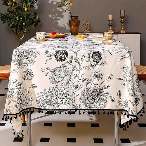 Miniatura 5 de Mantel floral con borlas, mantel de lino de algodón para restaurante, interior y decoración del hogar, manteles rectangulares 60 x 86 pulgadas (negro