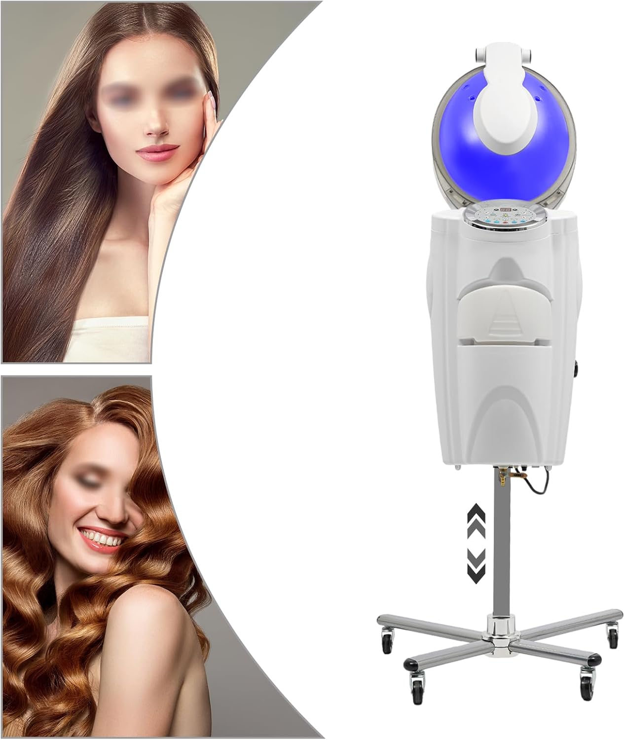 Professional Standing Hair Steamer Ozone Nano Steam Treatment with 12 Color Lights Hooded Steam Cap with Wheels for Salon & Home Hair Care