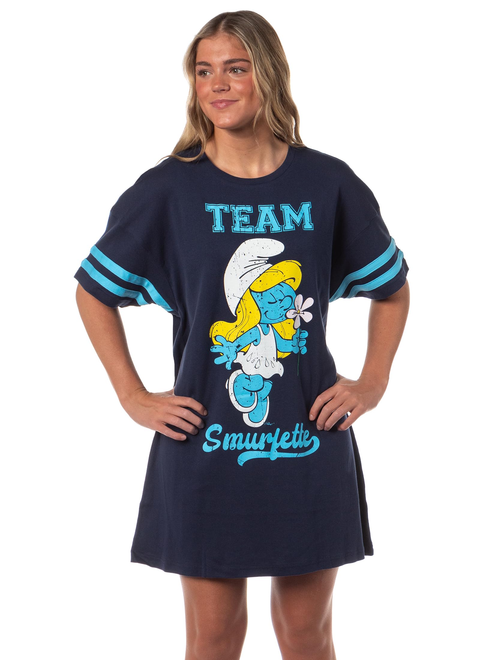 INTIMO The Smurfs Women's Varsity Team Smurfette Sleep Shirt Nightgown Lounge Oversized Pajama Tee, Blue, S