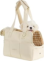 ONECUTE Dog Purse Carrier for Small Dogs Cats Rabbits - Breathable Soft-Sided with 5 Large Pockets, Hard Bottom, Collapsible Beige 13.6x6.5x10"