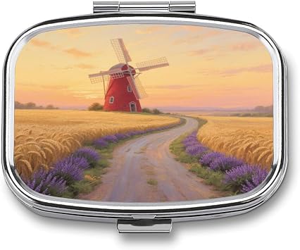 Wheat Field Windmill at Dusk Pill Box 2 Compartment Medicine Pill Case Portable Metal Travel Medicine Box for Pocket Or Purse