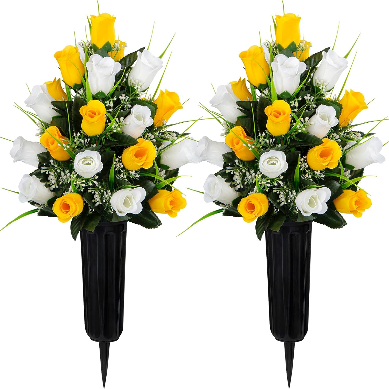2 Sets Artificial Cemetery Flowers, Grave Decorations Roses, Memorial Flowers Bouquet with Vase for Cemetery Graveyard Headstone Decorations (Yellow-White)