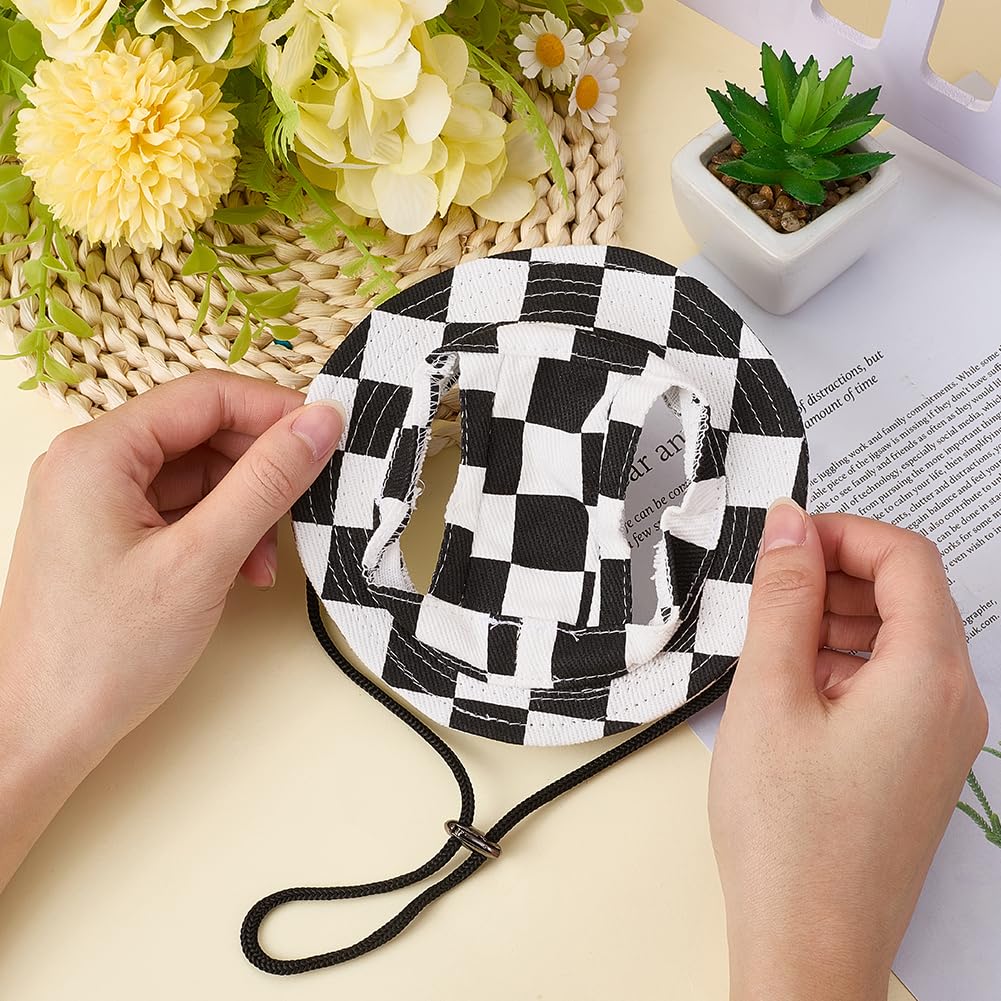 CREATCABIN Plaid Pet Hat Cat Hats Dog Hat with Ear Holes Cat Headwear Soft Cotton Outdoor Sun Protection Pet Caps Adjustable Cord for Small Cats Dogs Halloween Christmas Party Costume Black 5.7 Inch - Image 3