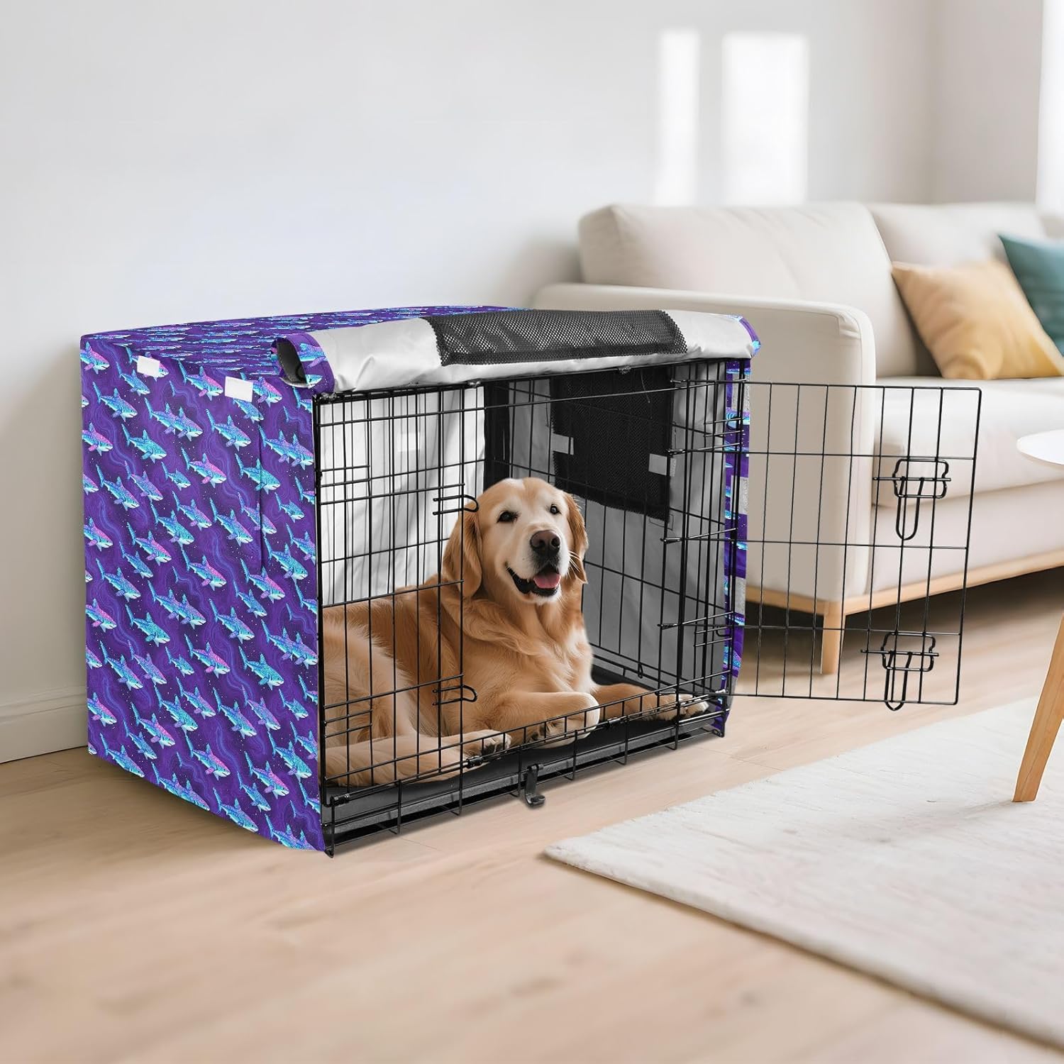 Navy Blue Shark Pattern Crate Covers for Dog Cages Kennel Cover with Roller Shades 42 Inch