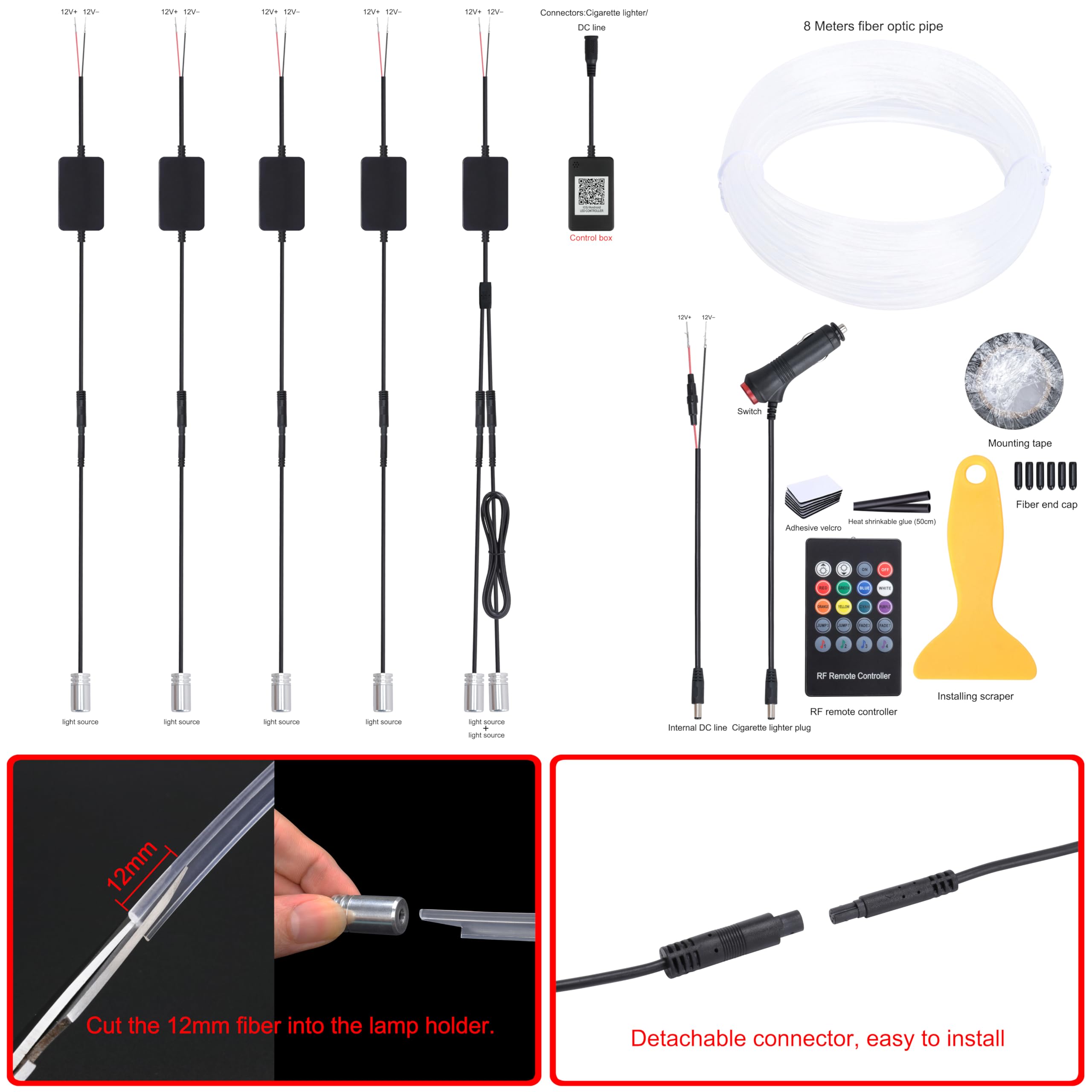 Auto Innenraum Umgebungsbeleuchtung Glasfaser RGB 64 Farben Mehrfarbig Musik Auto Fußraum Beleuchtung Kit mit Zigarettenanzünder und App Mikrofon, DC 12V-24V 1W 8m