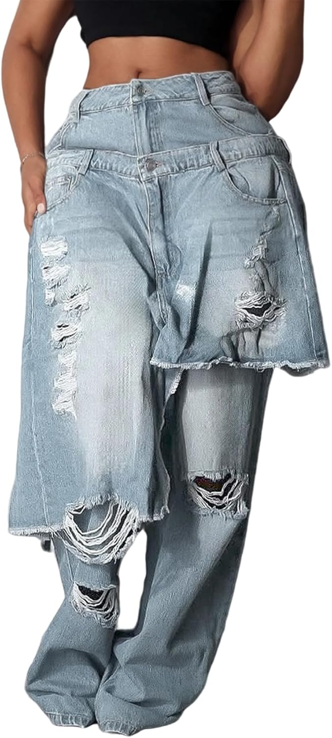 Womens Ripped Jeans Baggy High Waisted Straight Wide Leg Asymmetrical Patchwork Distressed Y2K Denim Pants