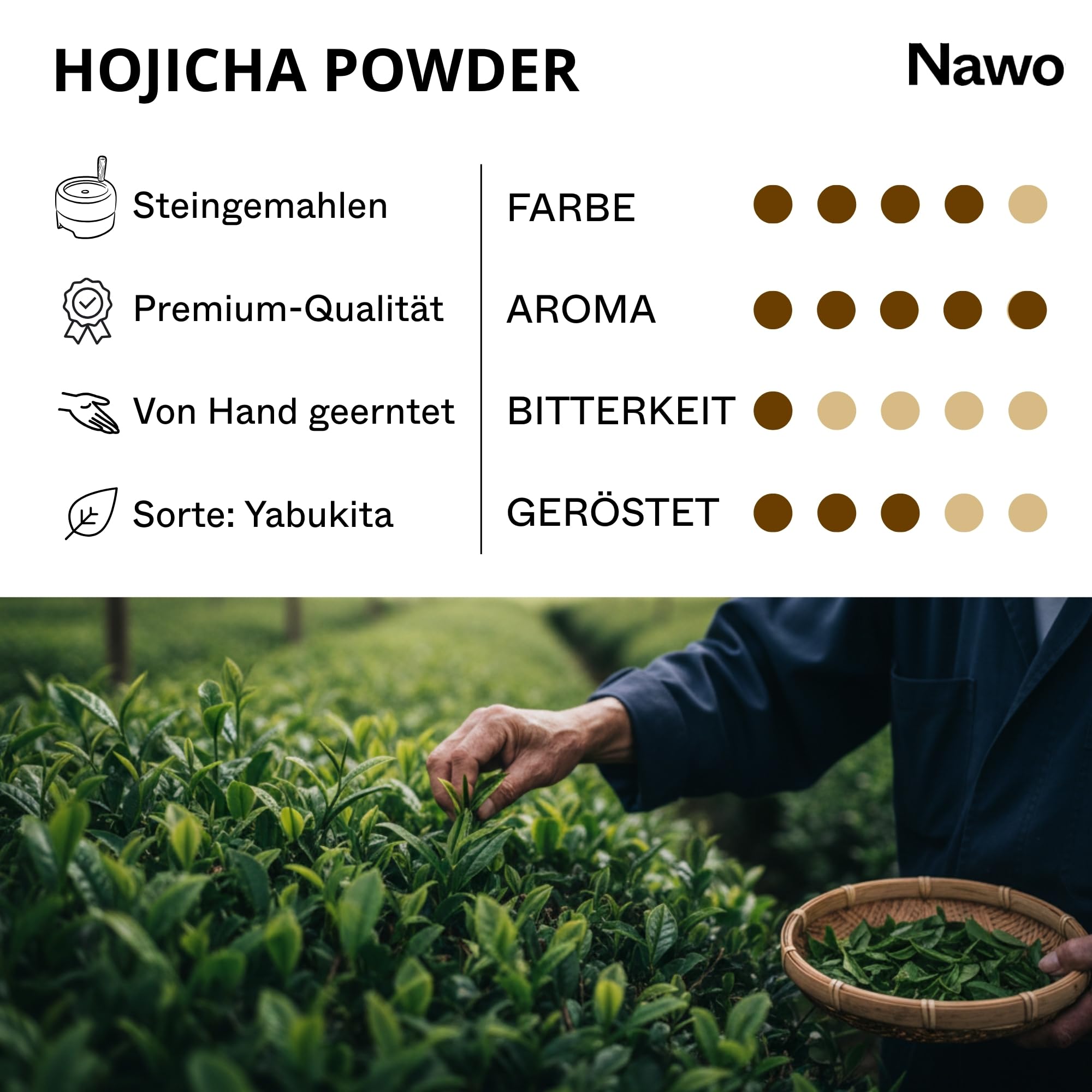 Hojicha Tee Pulver Barista – 250 g, Gerösteter Grüner Tee, Mildes und Aromatisches Geschmacksprofil, Ideal für Lattes, Cafés und Professionellen Einsatz – NAWO® Matcha