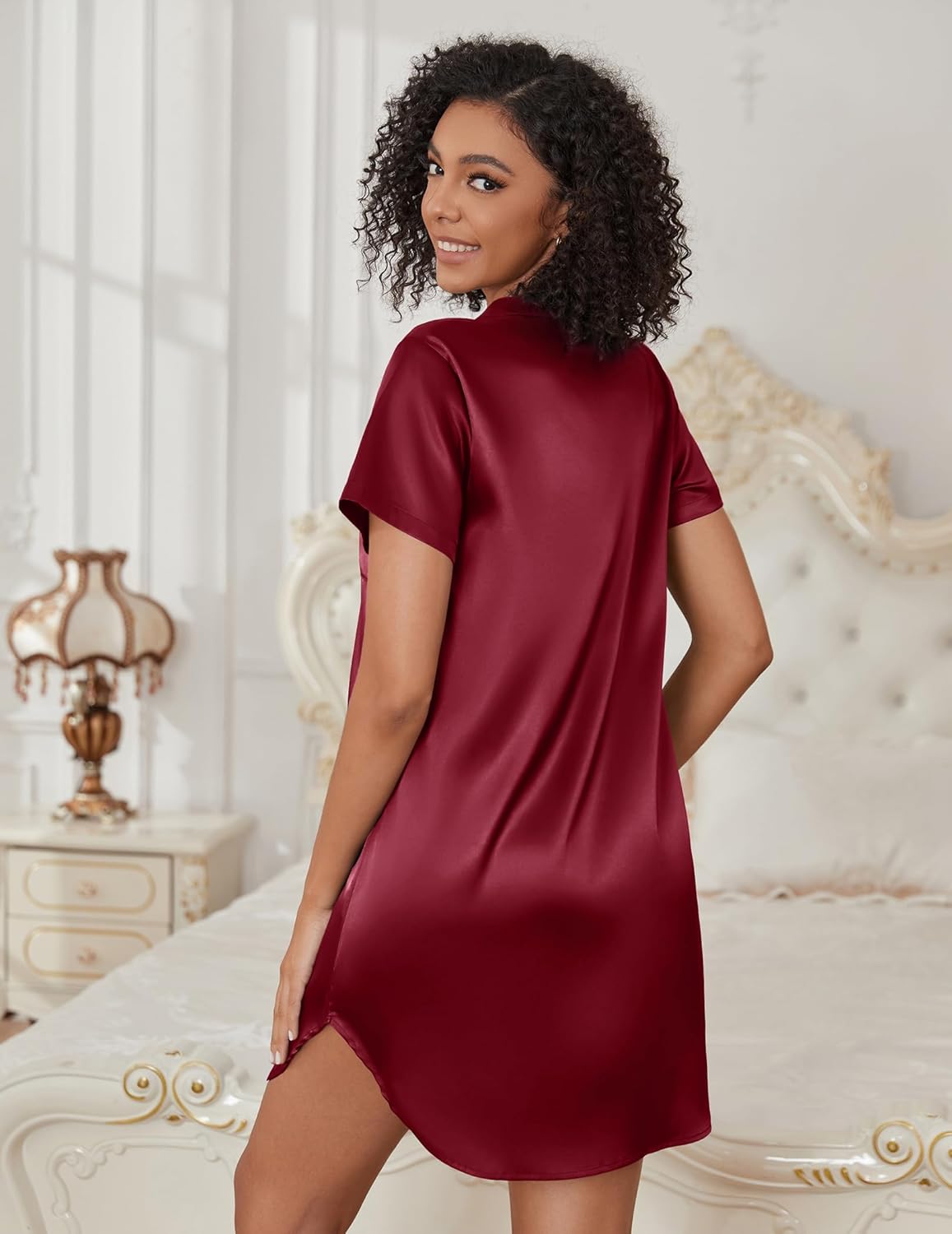 Ekouaer Women's Satin Nightshirt Button Down Sleepshirt Silk Short Sleeve Nightgown V Neck Sleepwear Night Shirts - Image 5