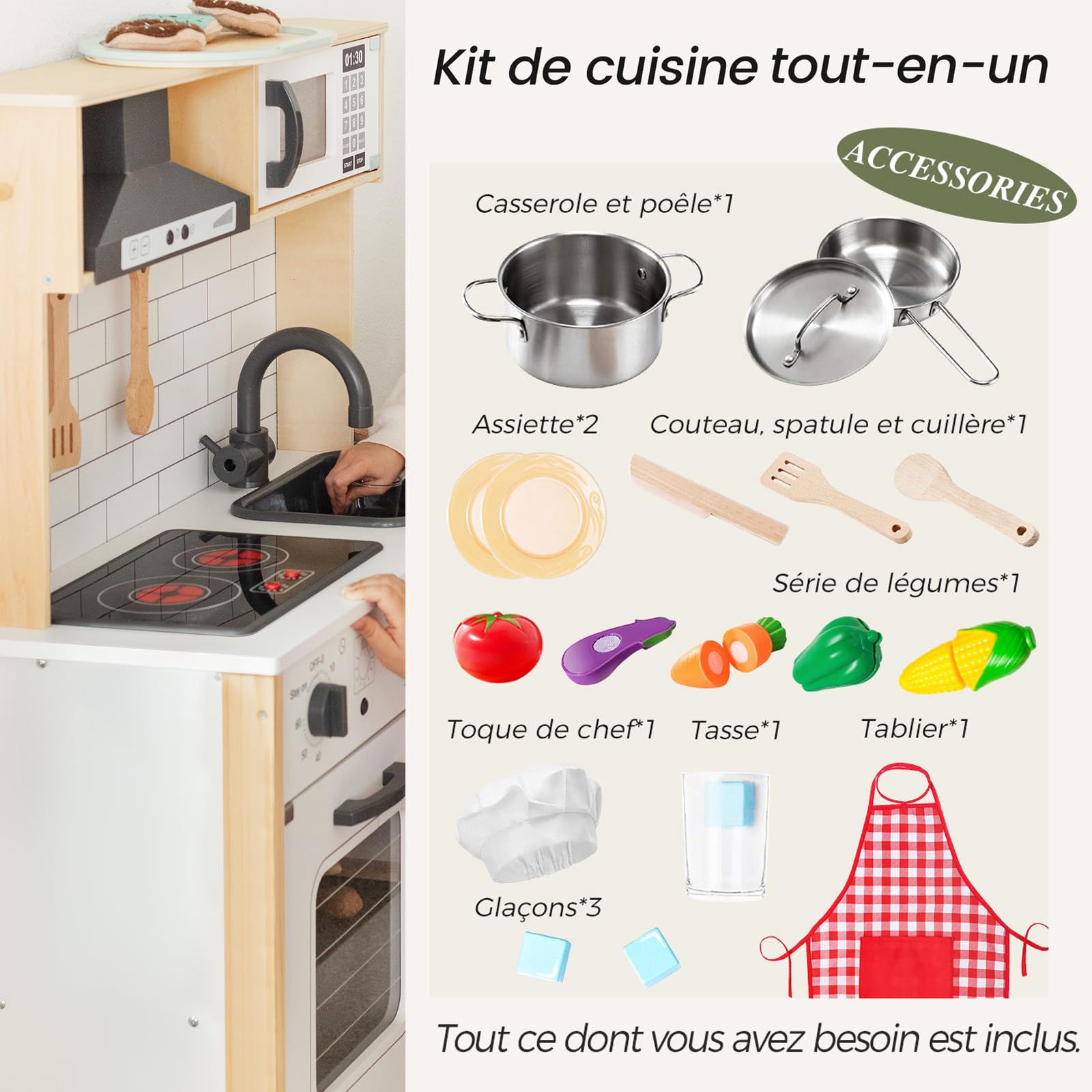 Tiny Land Cuisine Enfant en Bois avec 18 Accessoires pour Aliments/Dinette | Cuisine Bebe Equipee Complete Ustensiles de Cuisine Jouet Ensemble de Jeu en Bois pour Les Tout-Petits 3-7 Ans