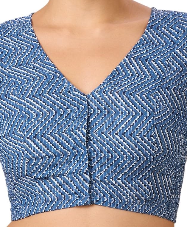 Image of Studio Shringaar Women Cotton Half Sleeve Blue Pottery Printed Saree Blouse with Stretchable Sides