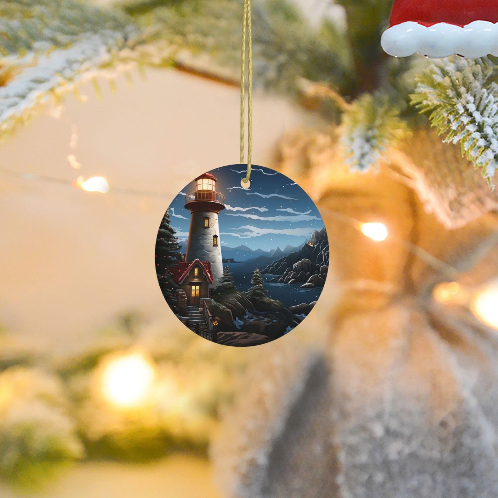 Christmas Ornaments for Christmas Tree Decoration Ceramic Hanging Santa Claus Lighthouse Ornament with Gold Ribbon Crafts Round Pendant for Keepsake Gifts Glass Xmas Decor Party Supplies